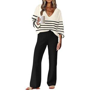 Womens Knit 2 Piece Lounge Set V Neck Stripe Long Sleeve Wide Leg Pants